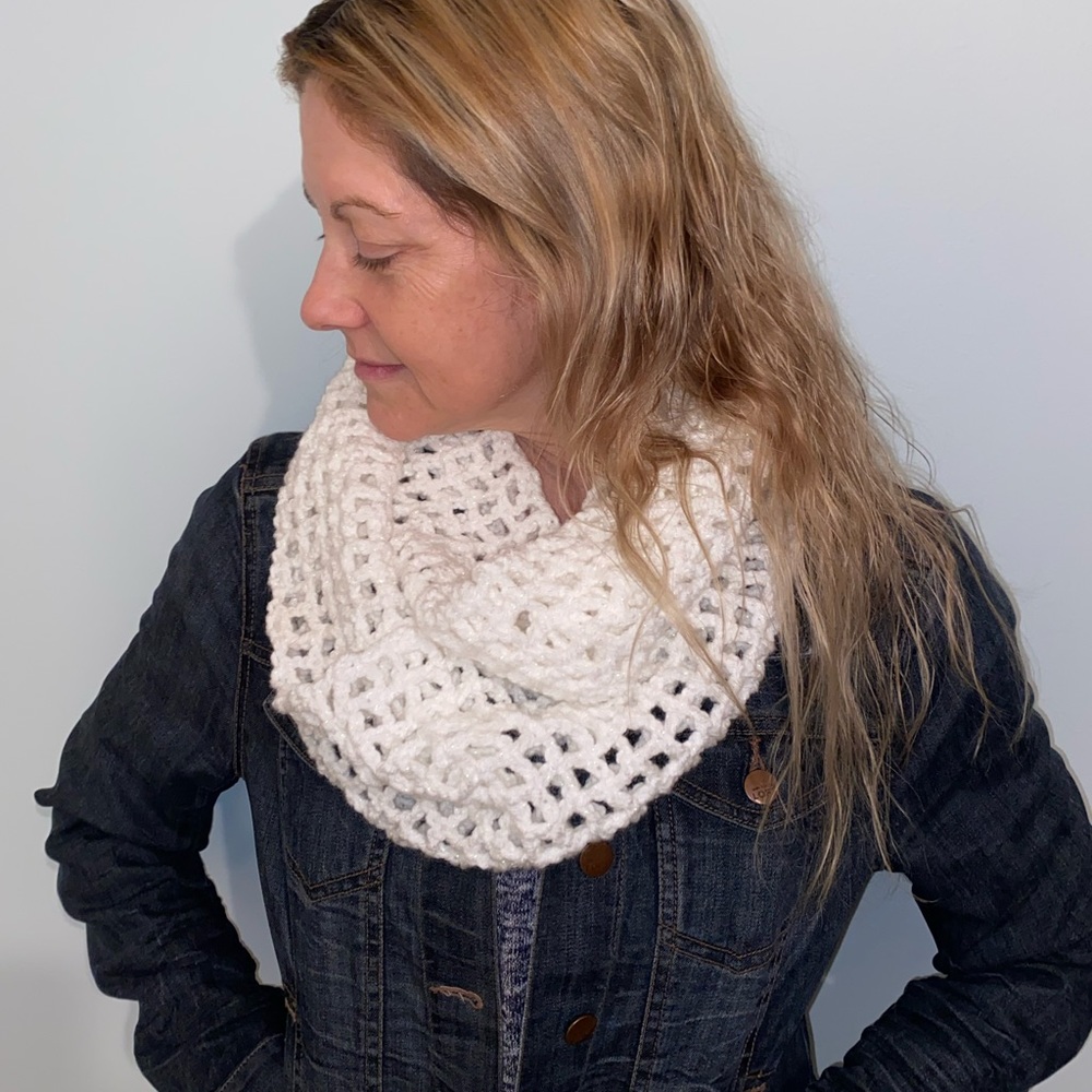 Handmade Crocheted Infinity Scarf White with Metallic Sparkle and Shine - Picture 3 of 7